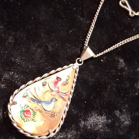 Vintage Handcrafted Persian Silver Pendant with Colorful Bird Design. 18 In Long - Picture 4 of 8
